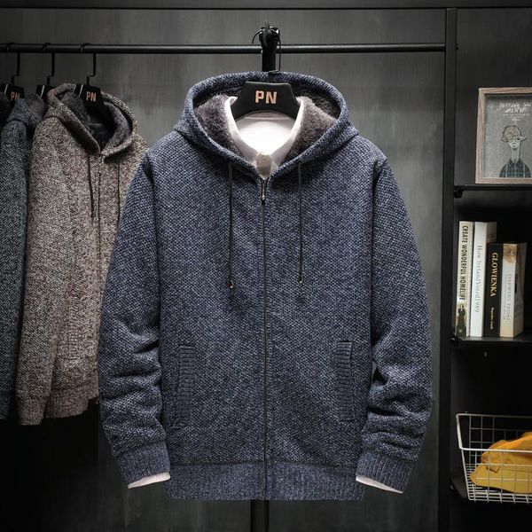 

men sweater with a hood think 2021 new winter plus velvet to keep warm zipper male knitted cardigan student coat m68, White;black