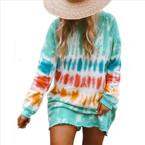 

new casual rainbow tie dye print sweatshirt dress for women long sleeve o-neck mini dress female loose straight dress, Black;gray