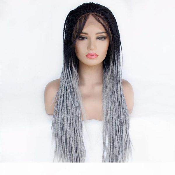 

ombre 2 tone 1bt906 synthetic box braided lace front wig glueless long braided lace wig natural hair line half hand tied, Black
