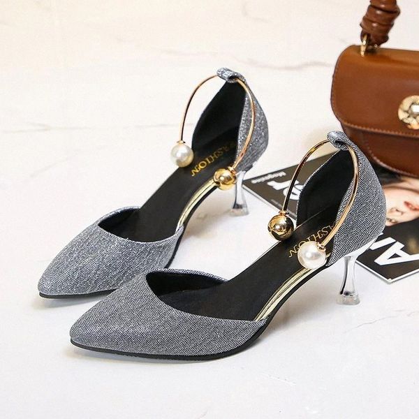 

2020 new ladies dress shoes wedding party beads slip-on high heels pointed toe pumps plus size women shoes 44 thin heels #bm17, Black