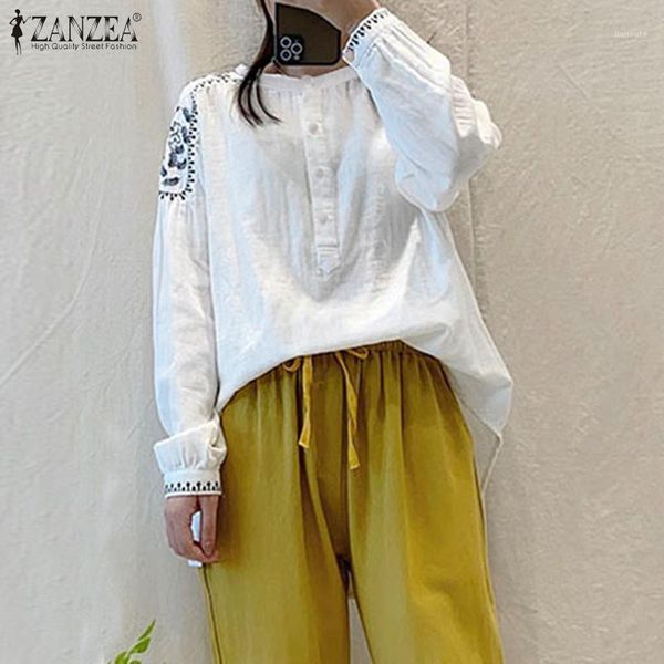 

zanzea 2020 women vintage autumn long sleeve shirt casual embroidery blouse cotton linen tunic female solid blusas chemise1, White