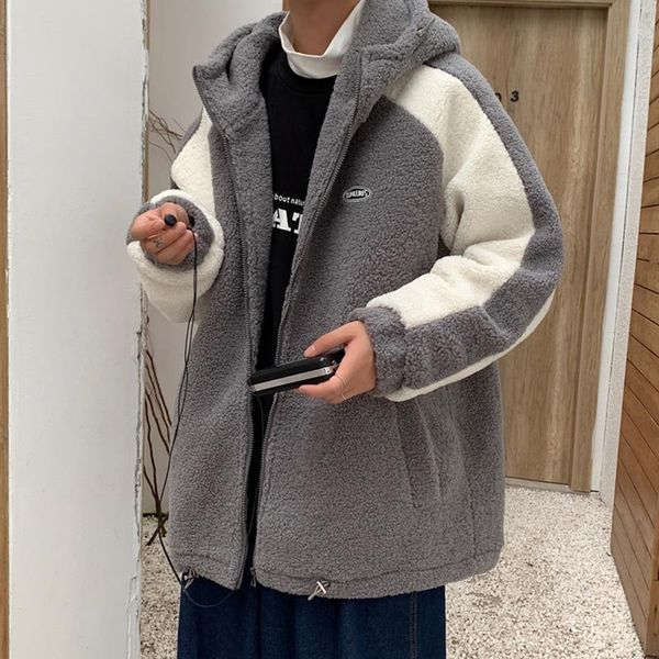 

students' color contrast hooded men's and women's winter thiened warm fleece cotton padded jaet lamb cashmere, Black