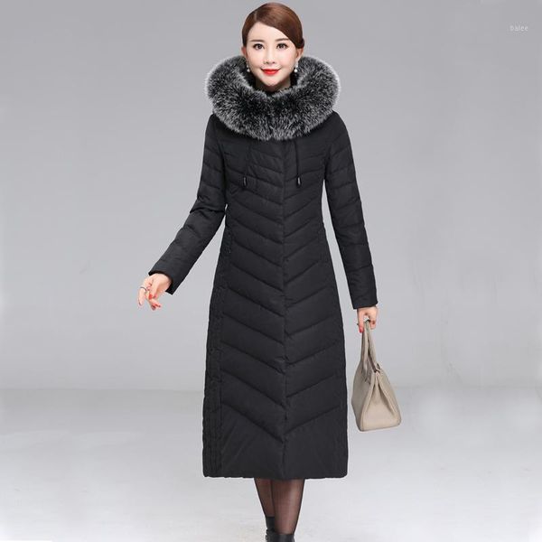 

plus size 5xl 2019 middle-aged women's winter white duck down coat hooded long coat thicken warm fur collar down jackets1, Black