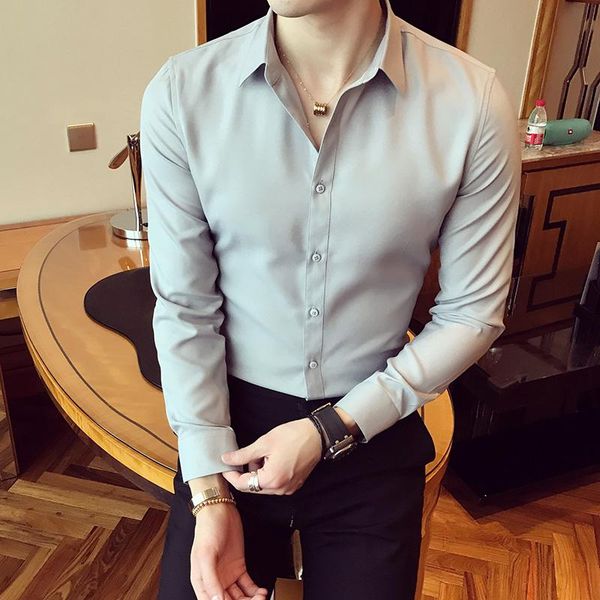 

men's dress shirts plain color long sleeve slim fit tuxedo shirt single breasted korean clothes men streetwear workout office formal xx, White;black
