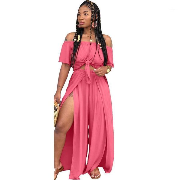 

women loose 2 piece set 2020 off shoulder pleat crop and split long pants wide leg jumpsuit casual matching 2 piece outfits1, Gray