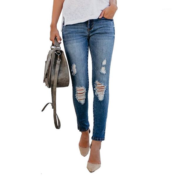 

2019 ripped jeans for women skinny pencil pants washed white denim jeans woman cropped pants femme calca feminina1, Blue
