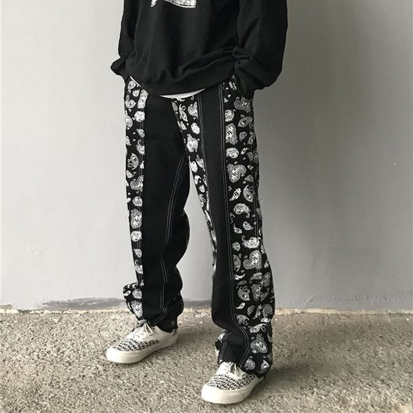 

2021 new original retro cashew flower black casual jeans mens wide-leg straight loose washed denim trousers hip hop baggy pants 8ymg, Blue