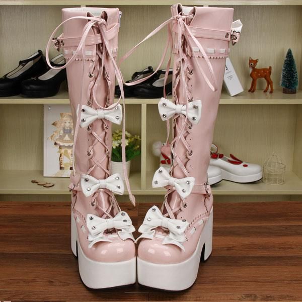 

lolita russian girls boots pink shoes bowknot winter high heels lace-up patent leather boots women steampunk platform cute, Black