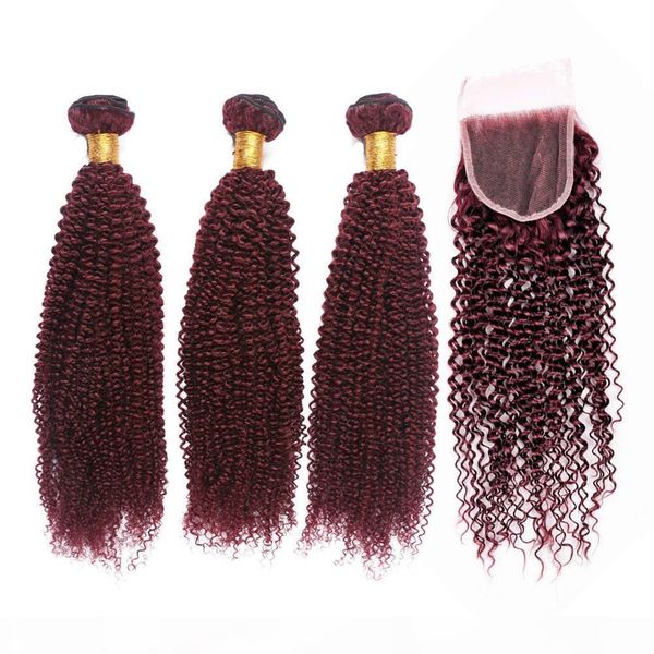 

pure 99j wine red kinky curly indian human hair weaves with closure 3bundles burgundy kinky curly hair wefts with 4x4 lace closure, Black