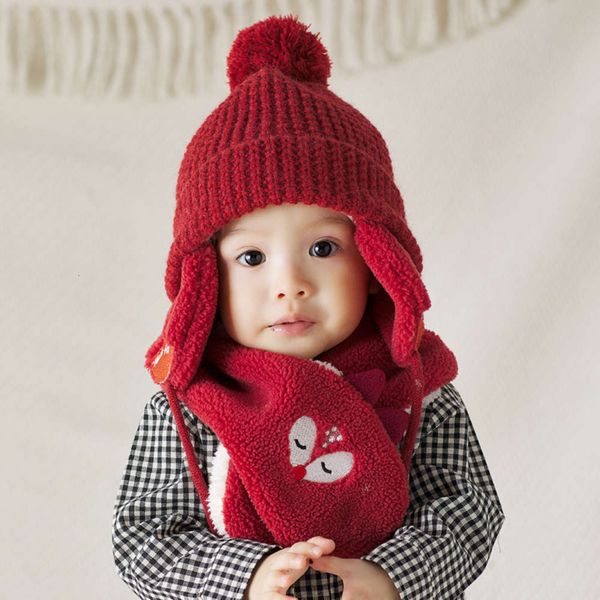 

winter plush autumn warm boy's scarf children's set korean version girl's cold proof and lovely ear protection hat b42m, Red;brown