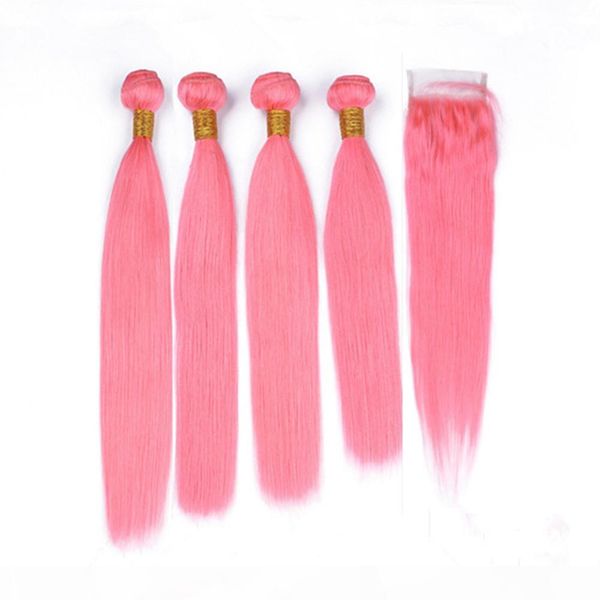 

silky straight virgin peruvian human hair light pink 4bundles with closure bright pink 4x4 lace closure with virgin hair weaves 5pcs lot, Black