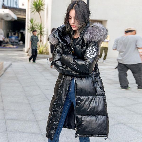 

thick women parka 2019 winter down jacket chic big fur warm ultra light long coat female parka hooded glossy jackets oversized1, Black