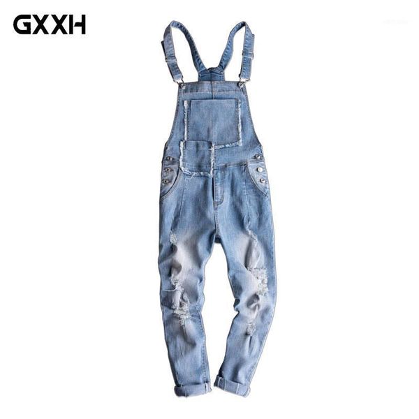 

2020 europe and the united states tide personality denim siamese men large size elastic sling jeans men's tooling bib1, Blue