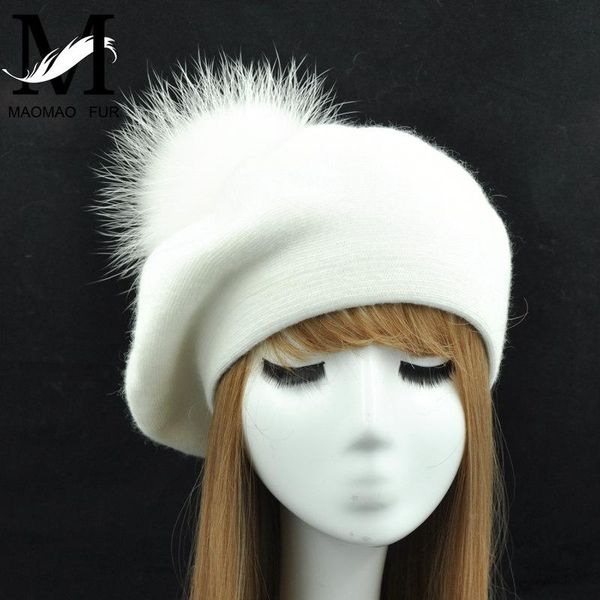 

berets women hat winter female casual knitted wool with natural raccoon fur pom spring ladies solid color beret hats, Blue;gray