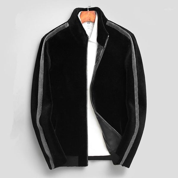 

real fur coat men winter jacket 100% wool coat men sheep shearling jackets casual baseball jacket plus size erkek mont l180011, Black