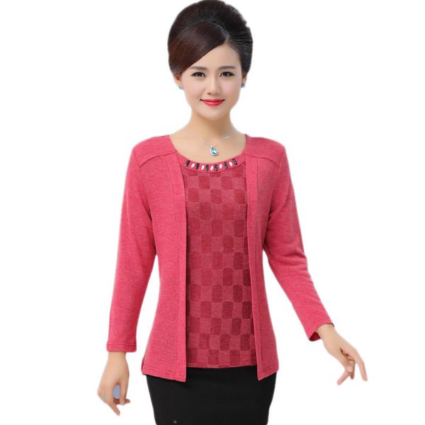 

nifullan fake two pieces t shirt women long sleeve pullovers spring fall new fashion mother plus size o-neck tee shirt femme 201125, White