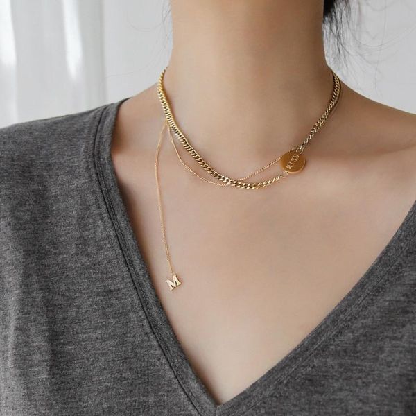 

yun ruo 2020 fashion yellow gold color thick chain choker m pendant necklace titanium steel jewelry woman accessory never fade, Silver