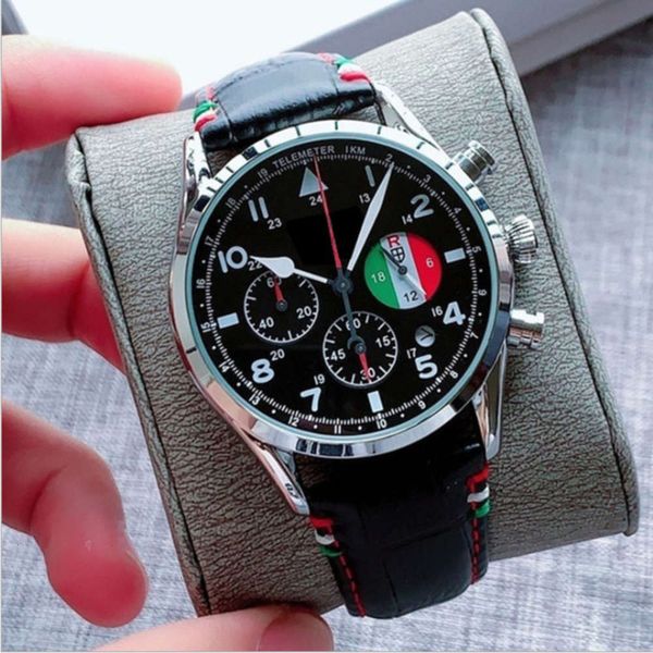 

six pin genuine leather men's 2020 watch round waterproof boutique watch, Slivery;brown