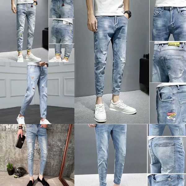 

новые джинсы и носить jeanssummer, легкая джинса jeanschildren в корейской версии тонких мужчин разносторонних ног рваной упругие улиц мода, Blue