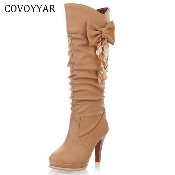 

covoyyar 2019 elegant bow women's boots leaf metal decor spike high heels pleated white winter boot autumn women shoes wbs625 t200425, Black