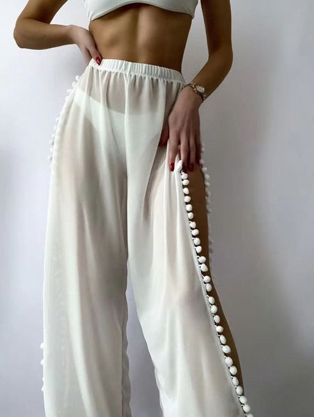 

chiffon pom-pom trim cover up pants p5a7#, White;black