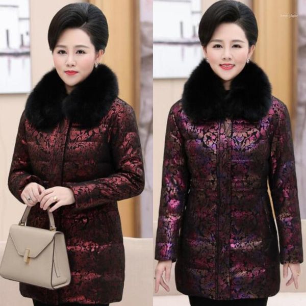 

winter women down jacket middle-aged size 6xl white duck down warm coat fur collar loose female parkas1, Black
