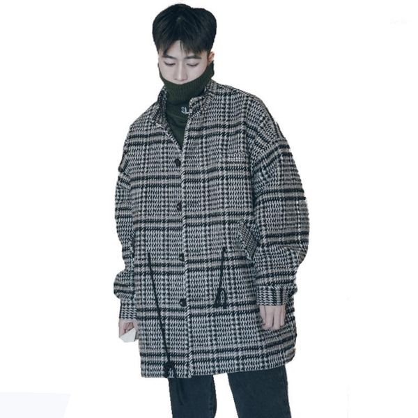 

korean wool coat men plaid lattice male overcoat vintage winter long jacket men oversized check peacoat mens coats and jackets1, Black