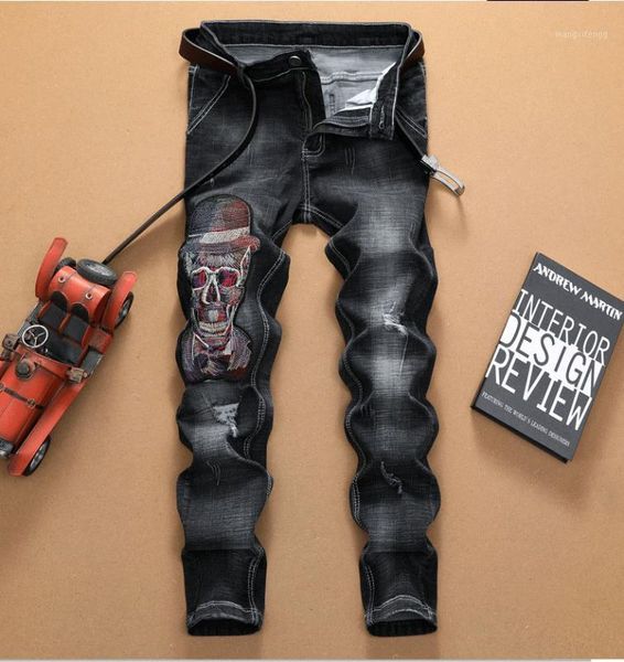 

european american style fashion brand men jeans luxury men's denim trousers slim straight skull pattern black jeans for men 85011, Blue