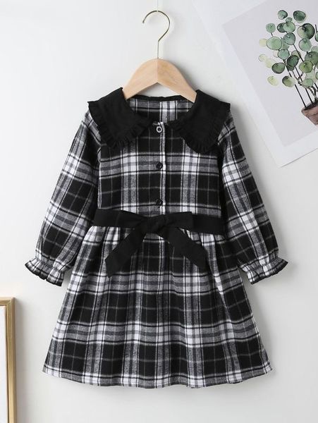 

toddler girls peter pan collar plaid belted dress she01, Red;yellow