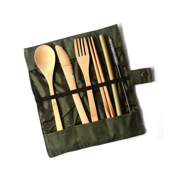 

dhl 100set dinnerware wooden cutlery set bamboo cutlery straw with cloth bag kitchen tableware dinner sn3587