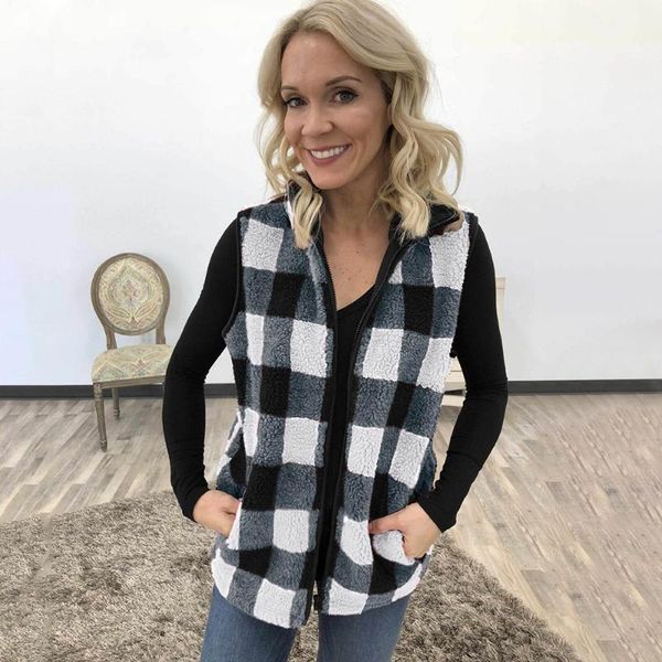 

ladies sleeveless coat jacket outwear plaid vest coat fashion casual pocket winter warm vest women black white red d301