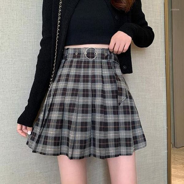 

plaid pleated women mini skirts harajuku female high waist casual gothic punk skirts 2020 student uniform sashes shorts skater1, Black