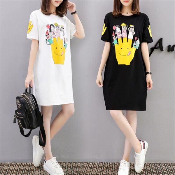 

2019 лета нового напечатанные женщины свободного большого размера похудение свободного короткий рукав футболка платье dresst футболка платье, White