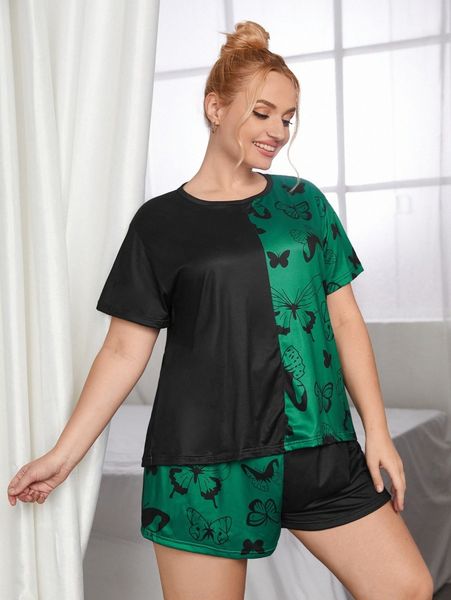 

plus butterfly print colorblock pj set q53m#, Black;white