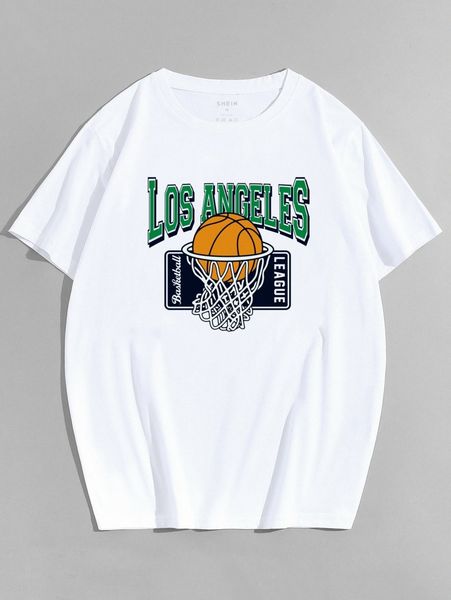

men letter & basketball print tee p2op#, White;black
