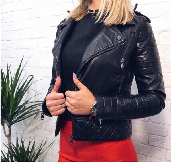 

2020 новая мода женщины мягкая искусственная кожа pu куртки и пальто lady motorcyle молнии байкер черный срощенной улица верхняя одежда, Black