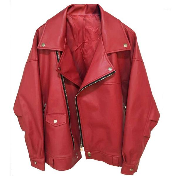 

girlfriend oversized faux leather jackets women red overcoat spring loose fit automotive biker leather jacket coat woman a5971, Black
