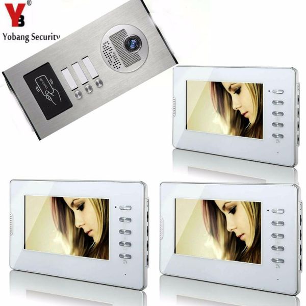 

video door phones yobang security 3 units apartment/flat color phone doorbell home intercom system porteiro eletronico rfid camera