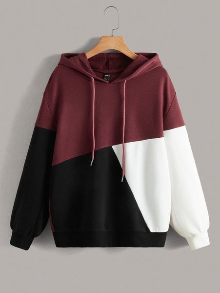 

colorblock drawstring drop shoulder hoodie u8ek#, White;black