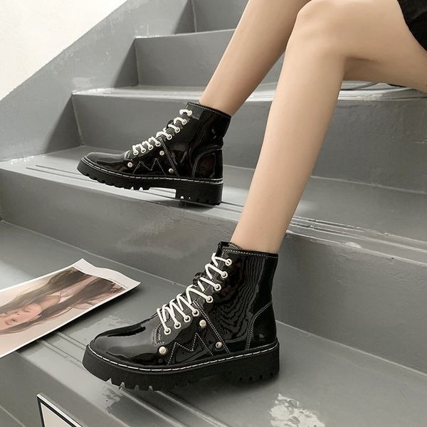 

2021 new fashionable women's wild girly cool british style spring thick autumn lace up retro round head short boots 08js, Black