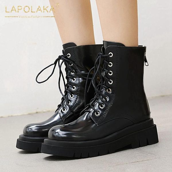 

lapolaka 2020 large size 43 platform shoes ladies boots female zip up british style cross-tied ankle boots woman shoes1, Black