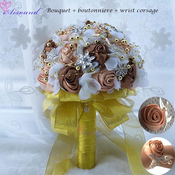 

21cm artificial bridesmaids bouquet set for bride satin rose flower bouquet for wedding decoration with many decorative ad557