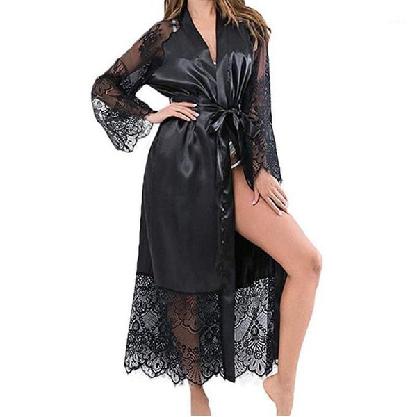 

new women long lace satin robe sleepwear night gown babydoll nightie robe silk satin robes bridal wedding bridesmaid gown kimono1, Black;red
