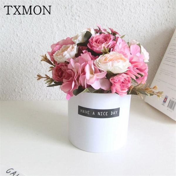 

japanese and korean style hydrangea rose simulation potted plant small bonsai set (flower+pot) silk fake flower crafts ornaments1