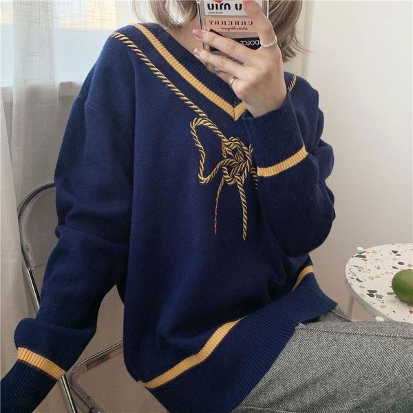 

han edition of new fund of 2020 autumn v-neck bowknot embroidery women's easy recreational sweater item # 52891, White;black