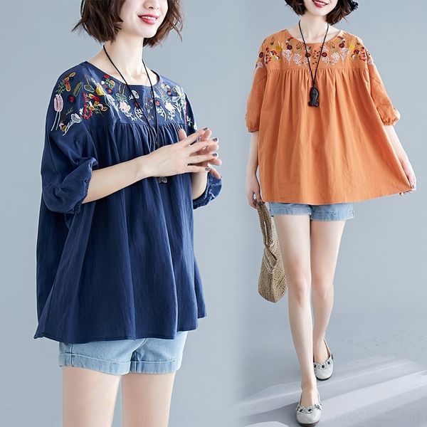 

whd4x 2020 summer new embroidered round neck short sleeve t-shirt women's loose baby shirt cotton and embroidered cotton and linen line, White