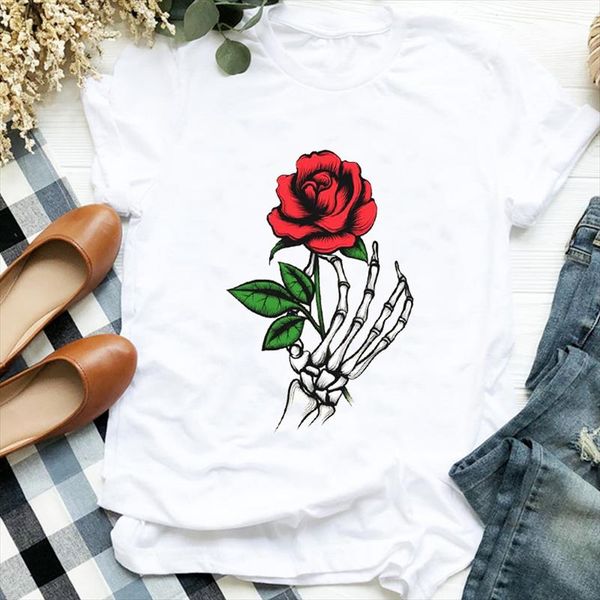 

women lady skull flower valentine love autumn fall halloween print tshirt shirt clothes graphic female t tee womens t shirt, White