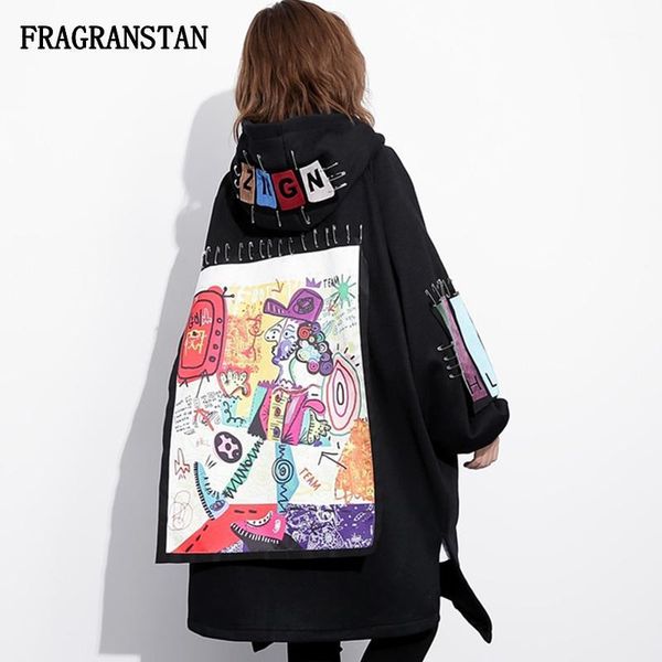 

autumn winter female fashion thicken keep warm hooded trench coat women new letter cartoon pattern patch designs vestidos jq1801, Tan;black