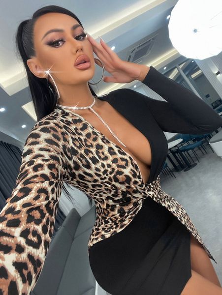 

sxy leopard print plunging neck twist asymmetrical hem bodycon dress q2wr#, Black;gray