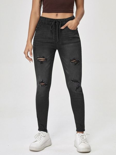 

drawstring waist slant pocket ripped jeans v0s1#, Blue